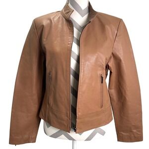 Terry‎ Lewis Leather Embossed Moto Style Jacket Camel Tan Women's S